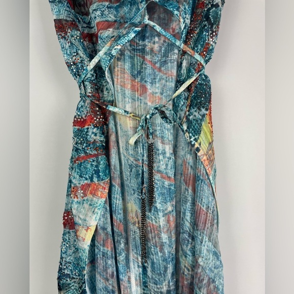 S-12 Multicolored Sheer Strapless Flowy Tie Front Bejeweled Swim Cover Up Dress - Picture 5 of 7